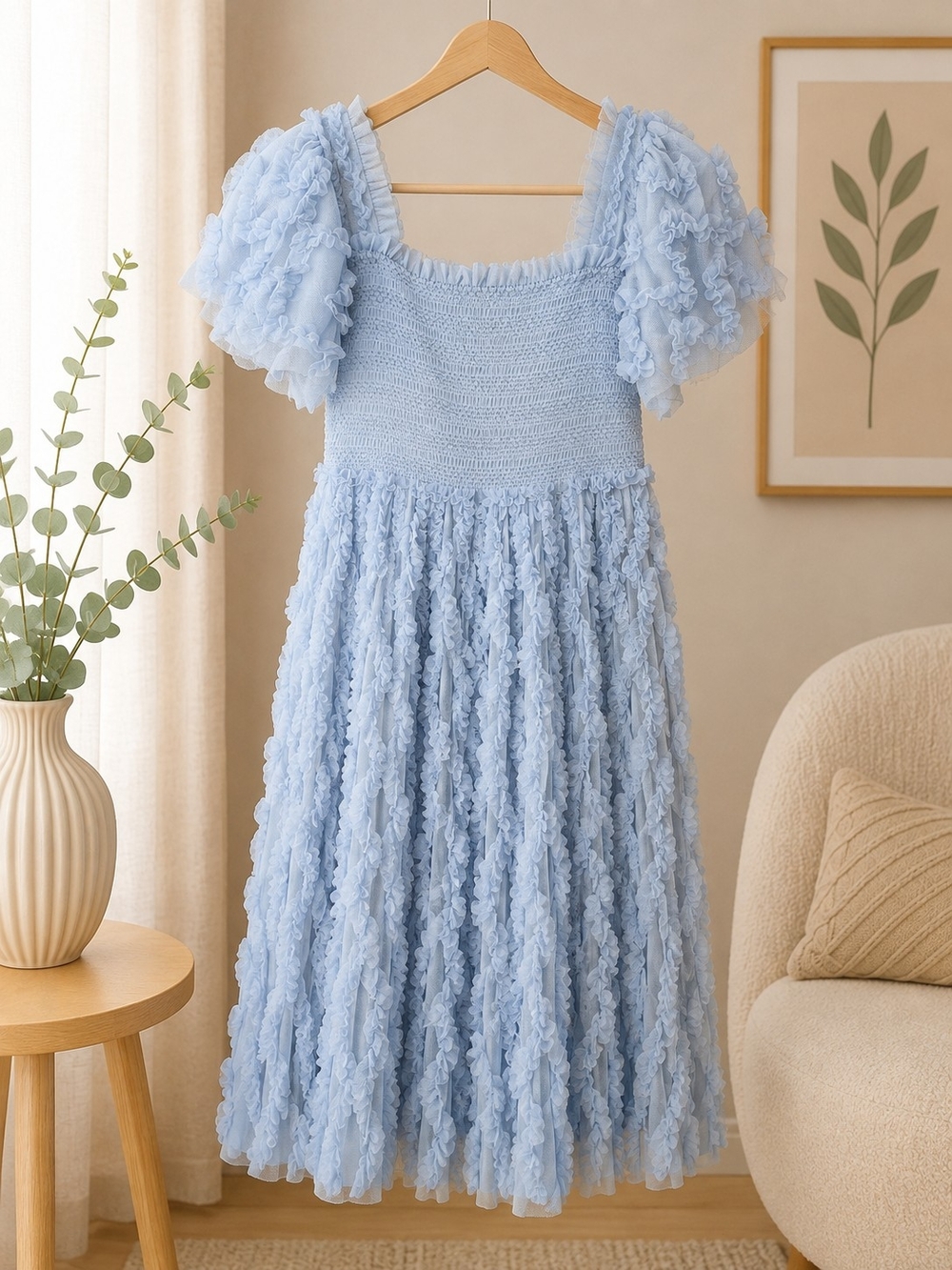 Ivy City Co Light Blue Smocked Midi Dress with Ruffle Puff Sleeves